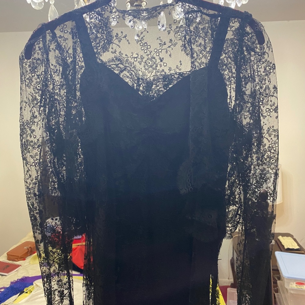 Elegant vintage black lace and satin long gown